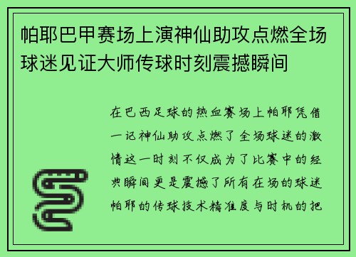 帕耶巴甲赛场上演神仙助攻点燃全场球迷见证大师传球时刻震撼瞬间 帕耶巴甲赛场上演神仙助攻点燃全场球迷见证大师传球时刻震撼瞬间