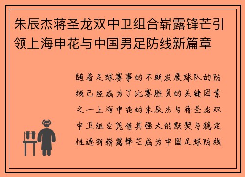 朱辰杰蒋圣龙双中卫组合崭露锋芒引领上海申花与中国男足防线新篇章